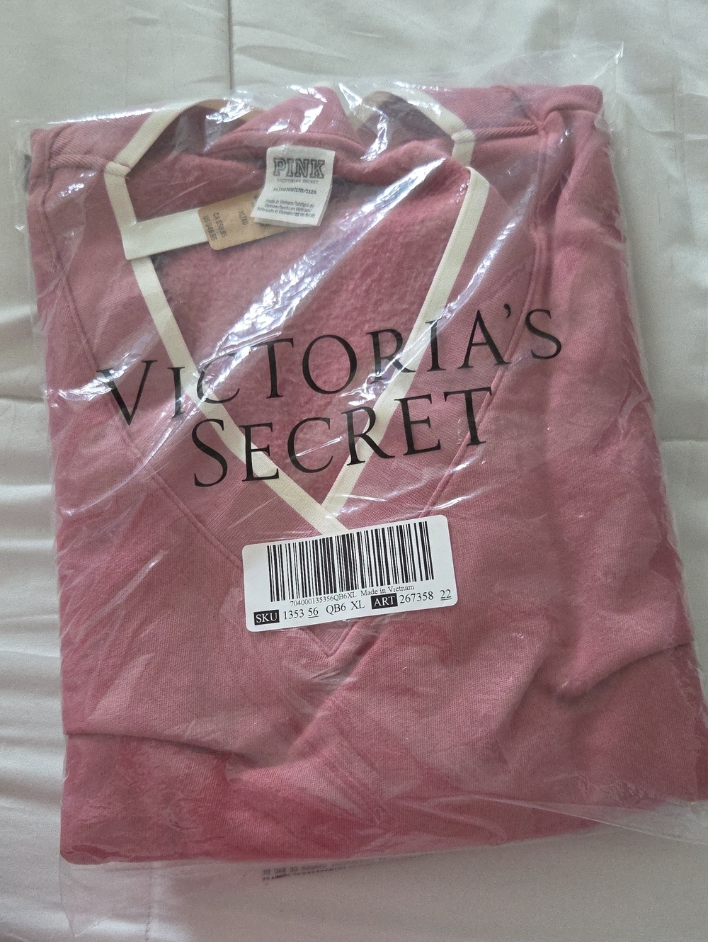 Victoria's Secret PINK V-Neck Sweater in Rose with Cream Trim